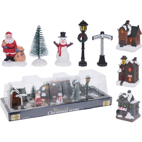 Kerstdorp accessoires - miniatuur figuurtjes en huisjes - 10-delig -