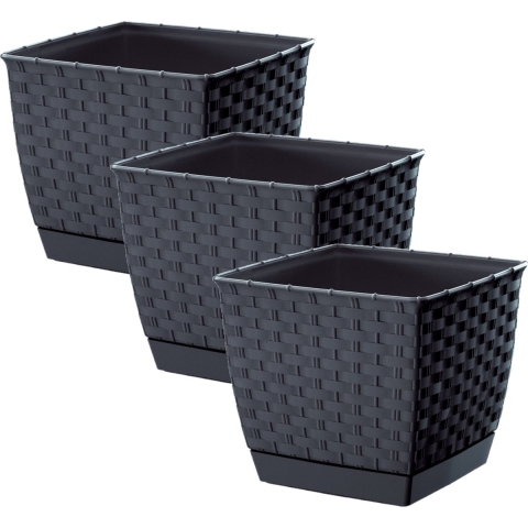 Prosperplast Plantenpot/bloempot - 3x - rotan kunststof - 16.5 x 16.5 cm - antraciet -