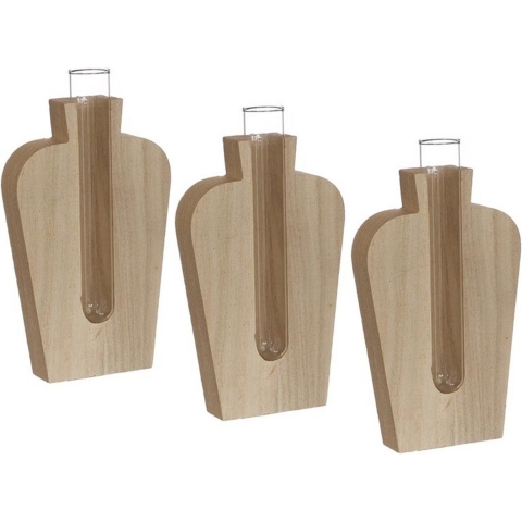 Stekvaasje/bloemenvaasje reageerbuis model - 3x - 8 x 3 x 14 cm - op voet van hout -