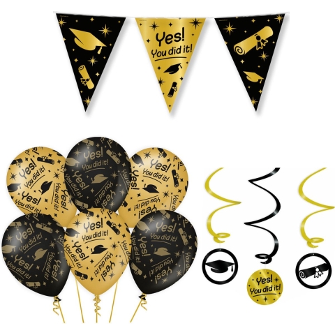 Geslaagd thema party versiering set You did it - Vlaggenlijn/hang deco en 12x ballonnen -