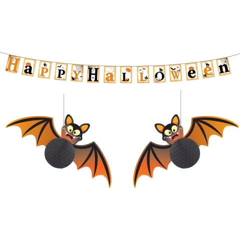 Guirca - Happy Halloween versiering slinger met 2x Vleermuizen 30 cm -
