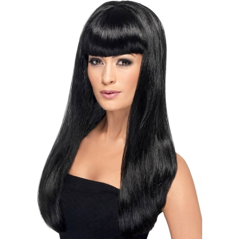 Carnaval verkleed pruik - zwart - dames - stijl lang haar - pony - synthetisch - damespruik -