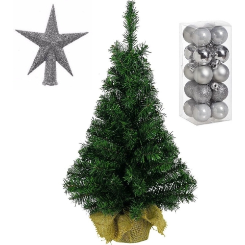 Volle kunst kerstboom 35 cm in jute zak inclusief zilveren versiering 21-delig -