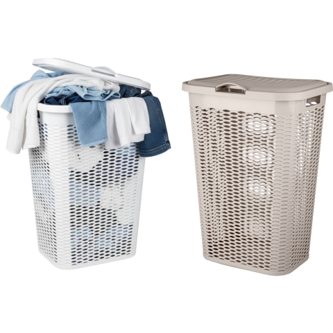 Wasmand Ventilation - met deksel - 2x - wit en beige - 50 liter - 61 x 43 cm -