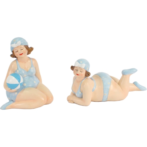 Woonkamer decoratie beeldjes set van 2 dikke dames - blauw badpak - 11 cm -