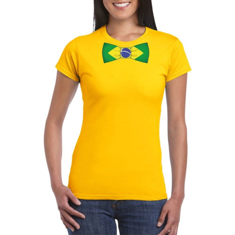 Geel t-shirt met Brazilie vlag strikje dames S -