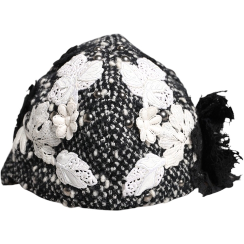 Zwart Wol Witte Bloem Versierde Cloche Hoed
