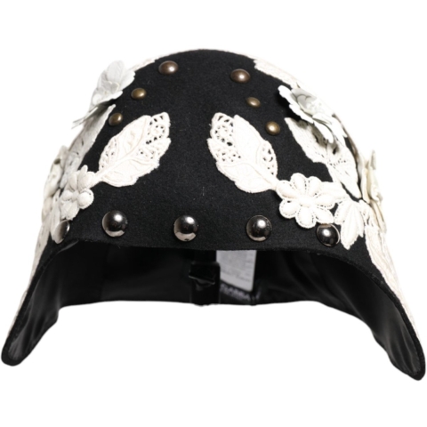 Zwarte Wol Witte Bloemen Gouden Blad Cloche Hoed