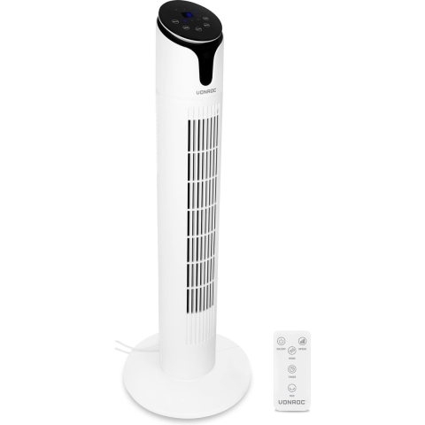 VONROC Luxe Ventilator - Torenventilator – hoogte 86 cm – Incl. afstandsbediening - 3 snelheden – zwenkfunctie - 15 uurs timer - wit