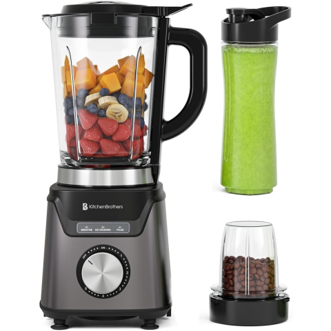 KitchenBrothers Blender Met Drinkfles - 1200W - 1.5L - Smoothie Maker - IJscrusher - Grijs