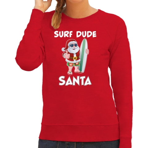 Surf dude Santa fun Kerstsweater / outfit rood voor dames XL -