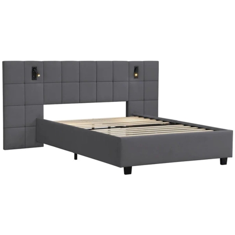 Gestoffeerd Bed Luzano - 140x200cm - Fluweel - Incl. Leeslampje - Donkergrijs