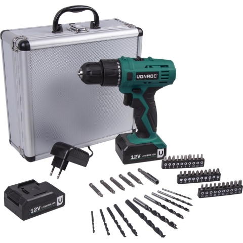 VONROC Accuboormachine – 12V Li-Ion – Incl. aluminium opbergkoffer, 46 accessoires, 2x accu & lader