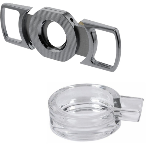 Sigaren set - asbak - glas - D15 cm - sigarenknipper - 26 mm - zilver -