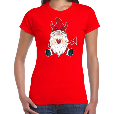 Halloween verkleed t-shirt dames - duivel kabouter/gnome - rood - themafeest outfit L -