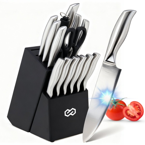 Infinity Goods Messenset - Messenblok - 16 Delig - Met Blok, Messenslijper En Schaar - Krasbestendig - RVS - Zilver/Zwart