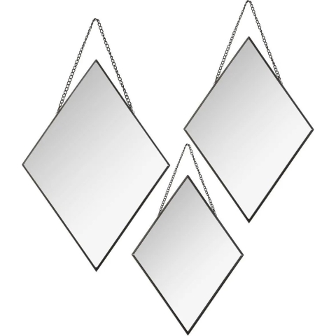 Wandspiegels ruit vorm - set van 3x stuks - zwart - metaal - met ketting - spiegels -
