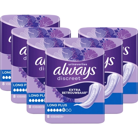 6x Always Discreet Incontinentie Verband Long Plus 8 stuks