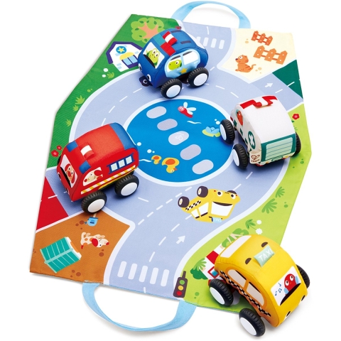 Hape Autoset - Pull-Back Pluche Autoset - 4-pack - Hape - OneSize - Auto
