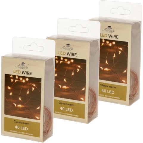 Draadverlichting - 6x - lichtsnoer - koper - 40 led lampjes - warm wit - 200 cm - batterij -