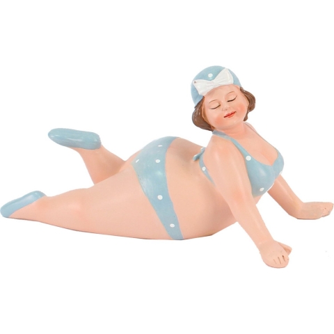 Woonkamer decoratie beeldje - liggend - dikke dame - blauw badpak - 20 cm -