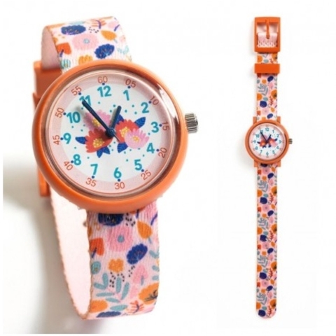 Djeco Horloge - Roze m. Bloemen - Djeco - OneSize - Horloge