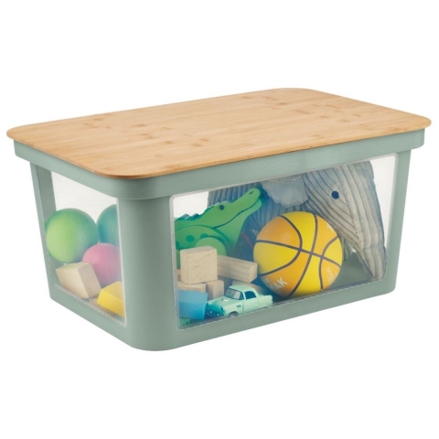 Rotho PINA Opbergbox met Deksel 45L Sage Green/Bamboe/Transparant