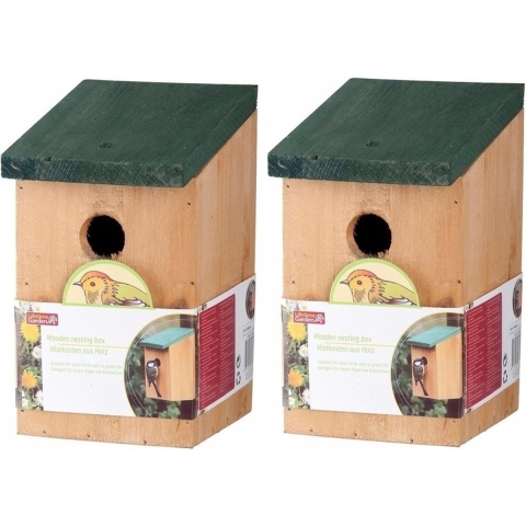 Vogelhuisje - 2x - met groen dak - 22 cm - nestkastje - hout -