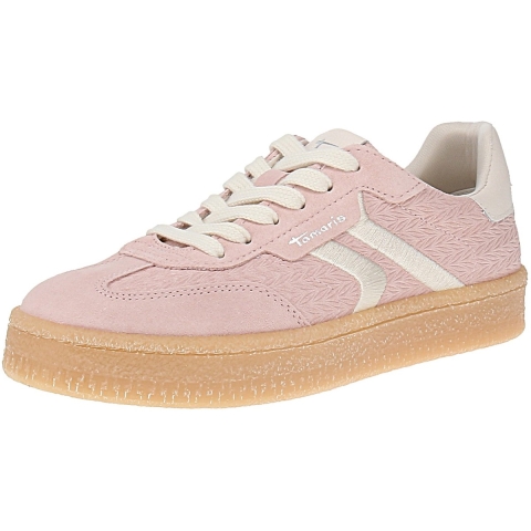 Tamaris dames sneakers van roze leer met witte strepen