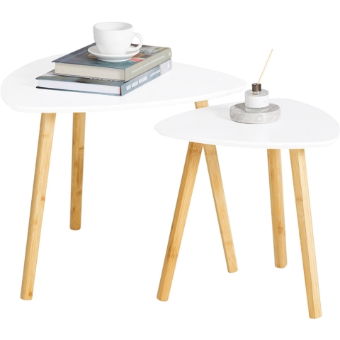 Set van 2 kleine tafels met planken, salontafel, salontafel, kleine tafel, bamboe, wit/naturel