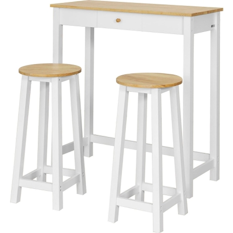 SoBuy Bartafel met 2 Barkrukken - Max. 90 kg per kruk - 95 x 40 x 107 cm - Wit/ Naturel