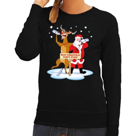 Foute kersttrui - sweater - dronken kerstman en Rudolf - na kerstborrel - zwart - voor dames L (40) -