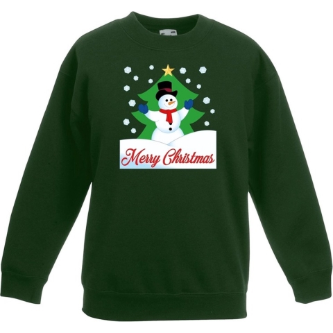Kersttrui Merry Christmas sneeuwpop groen kinderen 12-13 jaar (152/164) -