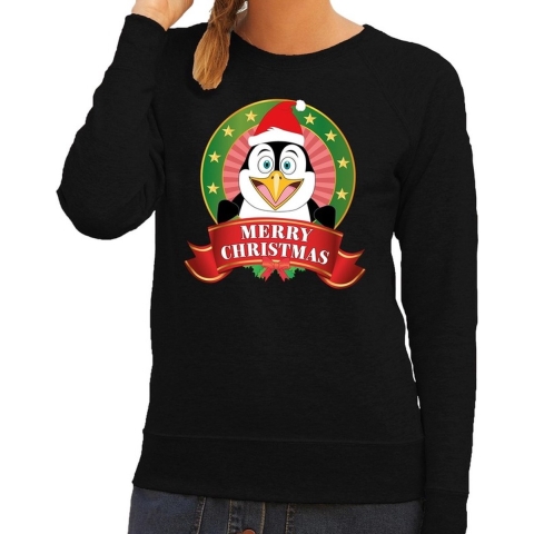 Foute kersttrui zwart Merry Christmas pinguin voor dames 2XL (44) -