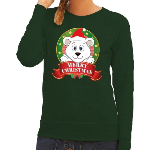 Foute kersttrui groen Merry Christmas ijsbeer voor dames 2XL (44) -