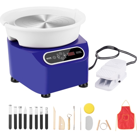 VEVOR Pottenbakkersschijf, 28 cm pottenbakkersvormmachine, 450 W elektrische pottenbakkersschijf met pedaal en LCD-touchscreen, keramische schijf met directe aandrijving en vormgereedschap voor doe-het-zelf-knutselwerkjes, blauw