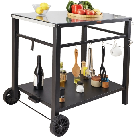 VEVOR Serveerwagen Keukentrolley 100 x 64 x 83,5 cm Buitengrill Eetwagen met Dubbele Plank, Verplaatsbare Grilltafel voor Voedselbereiding, Multifunctioneel Tafelblad van IJzer, Zwart