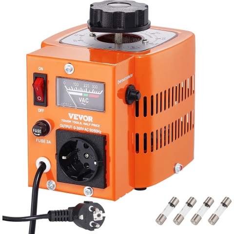 VEVOR 500VA variabele spanningstransformator 1,7A 230V ingang, 0-300V uitgang AC spanningsregelaar voeding met 4 extra zekeringen thermische regelschakelaar voor thuis, industrie en kantoor