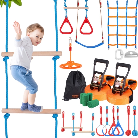 VEVOR Ninja Slackline Obstacles Set 2 x 18,29 m Slacklines, 226,8 kg laadvermogen Ninja Obstacle Course, Buitenspeeltoestel, Speeltoestel voor in de tuin, Set met 14 Obstacles