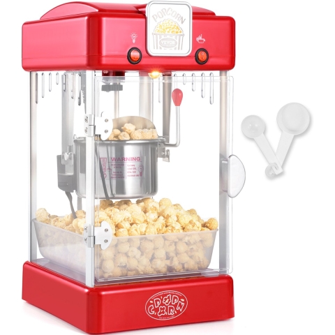 VEVOR Popcornmachine, 300W Popcornmachine, 2,5 oz Ketel Maakt 4 liter per batch, Tafelmodel Popcornmachine met PP-deur, Inclusief 2 scheppen en schaal, Bioscoopstijl, Rood