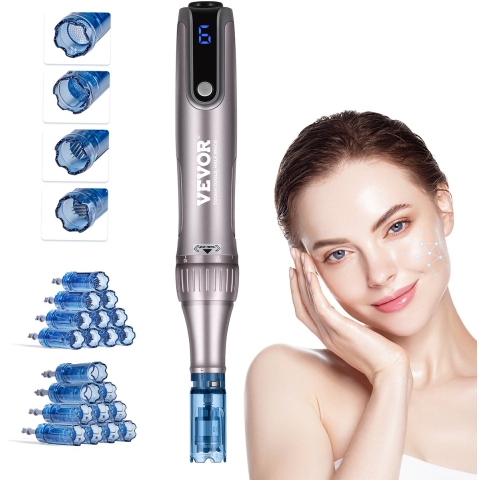 VEVOR Microneedling Pen M8S, elektrische dermapen met 20 anti-terugstroompatronen, 6 professionele dermapen-schoonheidsapparaten met variabele snelheid, instelbare naaldlengte van 0-2,5 mm en LCD-scherm