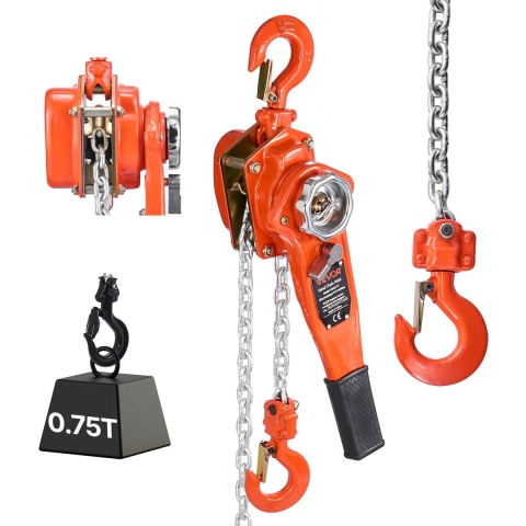VEVOR Hefboomtakel, capaciteit 3/4T, handkettingtakel, hefvermogen 1,5 m, G80 stalen legeringketting met mechanische dubbele palrem, rateltakel met 360° draaibare haken, voor magazijn, bouwplaats en garage