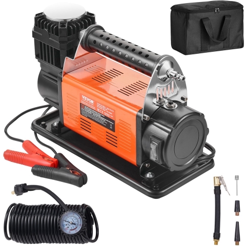 VEVOR draagbare 12V bandenpomp, 7,06 CFM zware luchtcompressor, 150 PSI off-road luchtpomp met adapters voor auto, SUV, camper, vrachtwagen - inclusief 6,5 ft netsnoer, 26 ft luchtslang met manometer, draagtas