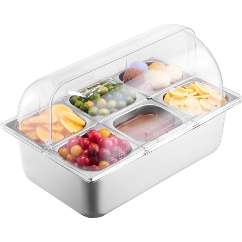 VEVOR Bijgerechtcontainer Ingrediëntencontainer Gastronormcontainer van roestvrij staal (6 x 1/6 containers), presentatiestandaard buffet kruidendispenser met transparant deksel voor restaurant hotel keukenfeest