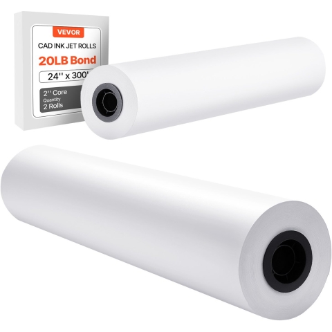 VEVOR Breedformaat papierrollen 609,6 mm (B) / 91,4 m (L), 2 rollen 20 lb Plotterpapierrollen ideaal voor CAD-tekeningen, technische plannen, GIS-kaarten, architectonische ontwerpen, plotterpapier