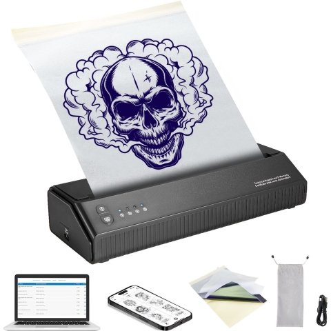 VEVOR Tattoo Transfer Stencil Printer, draadloze Bluetooth Tattoo Stencil Printer met 10 vellen transferpapier en stoffen tas, draagbare tattooprinter voor Android en iOS-telefoons