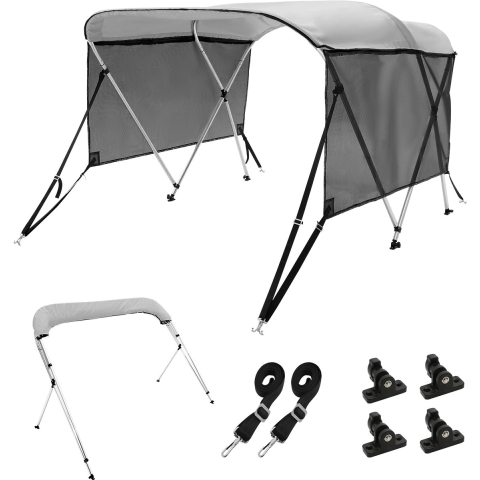VEVOR 3-Arch Bimini Top Bootkap, 200-213 cm installatiebreedte, 600D polyester luifel, bootkap met afneembare gaaszijwanden, waterdicht en zonwerend, inclusief opbergdoos, lichtgrijs