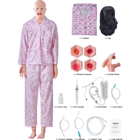 VEVOR Unisex Verpleegpop Multifunctionele Patiëntenzorgsimulator 1750 x 440 x 230 mm, Multifunctionele Verpleegtrainingspop Uniforme Schaalvormen Trainingspop