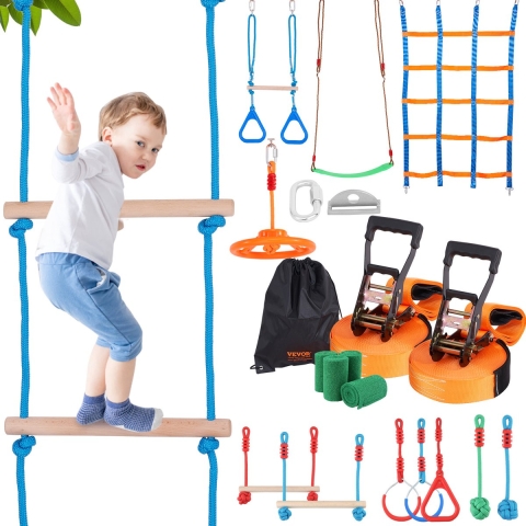VEVOR Ninja Slackline Obstacles Set 2 x 15,24 m Slacklines, 226,8 kg laadvermogen Ninja Obstacle Course, Buitenspeeltoestel, Speeltoestel voor in de tuin, Set met 12 Obstacles
