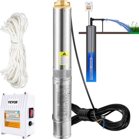 VEVOR 4" diepe bronpomp 1100W bronpomp 190L/min dompelpomp max. opvoerhoogte 57m leidingpomp 230V 50Hz zandpomp IP68 waterpomp 0-40℃ pomp Ideaal voor irrigatiewatervoorziening afvoer